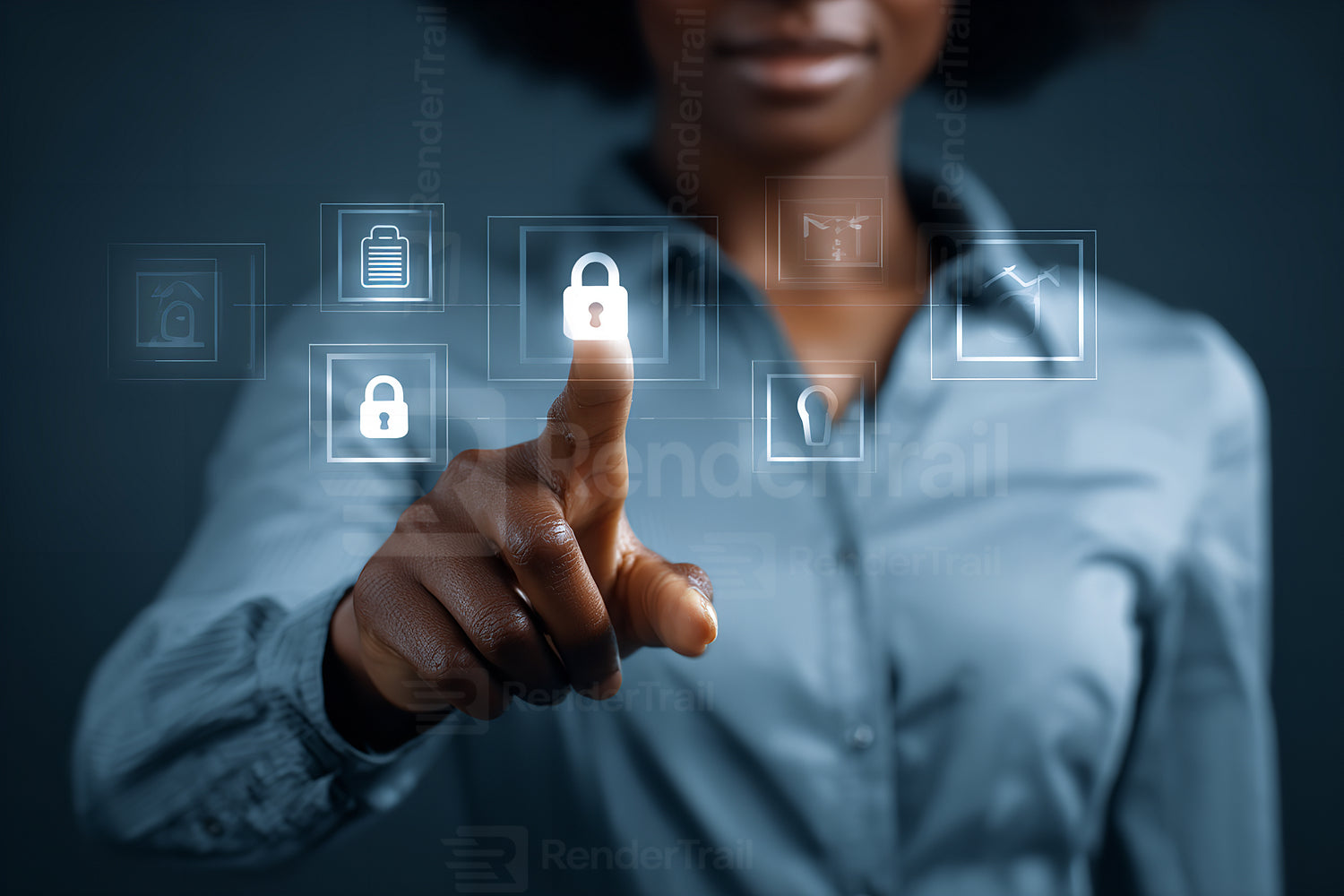 Woman engaging with digital security icons on a touchscreen in a modern office environment