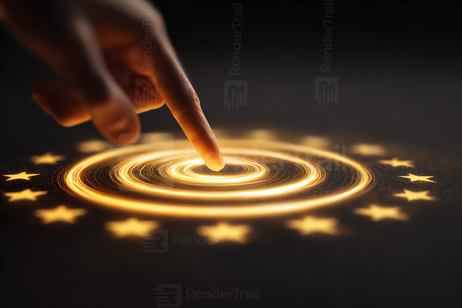 Bright spiral pattern glows as a finger touches surface in a dark space during an artistic or creative moment