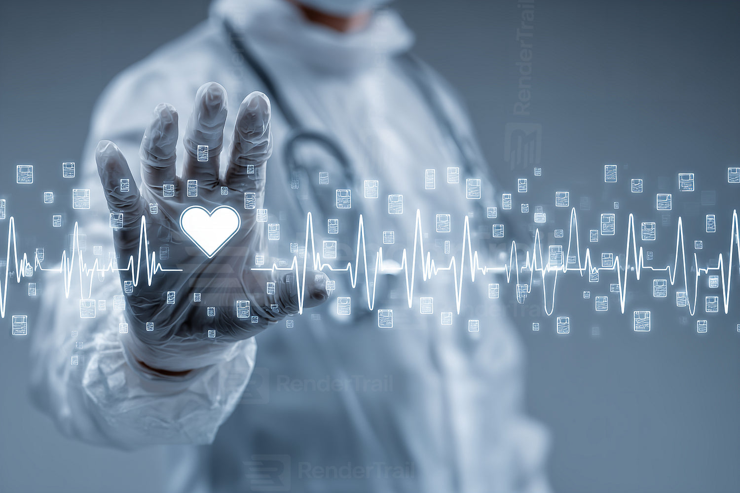 Health professional examining virtual heart monitor and pulse data in a modern healthcare setting