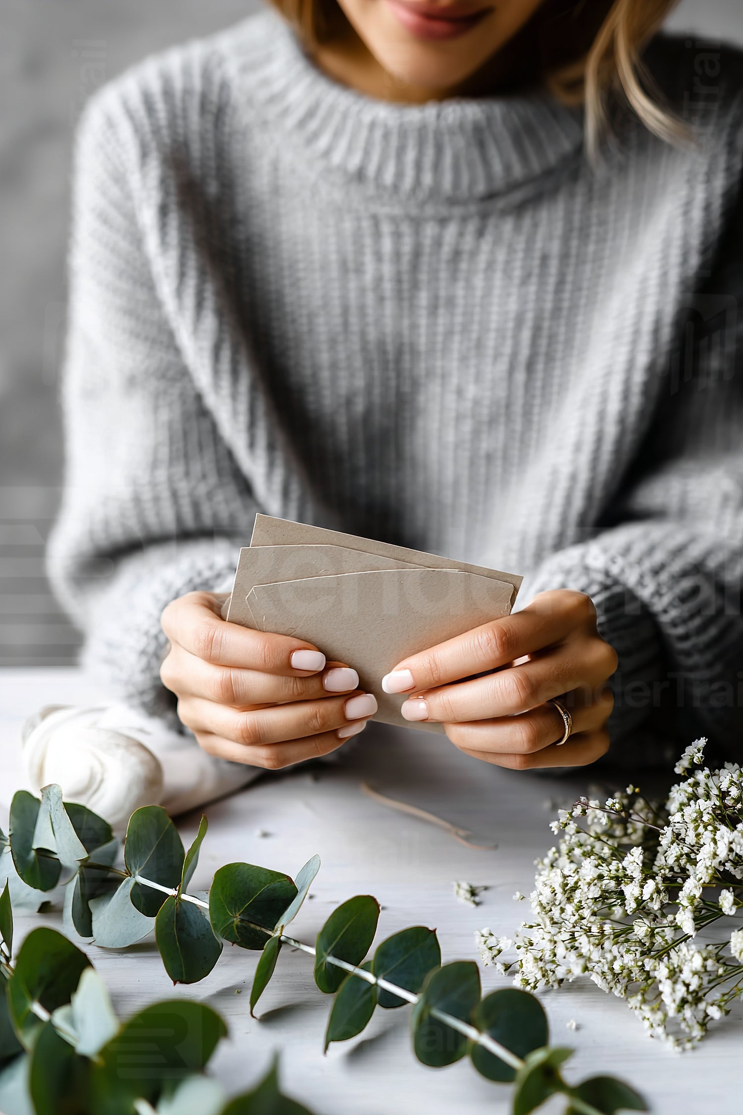 Creating heartfelt messages with love, flowers, and a warm sweater in a cozy setting