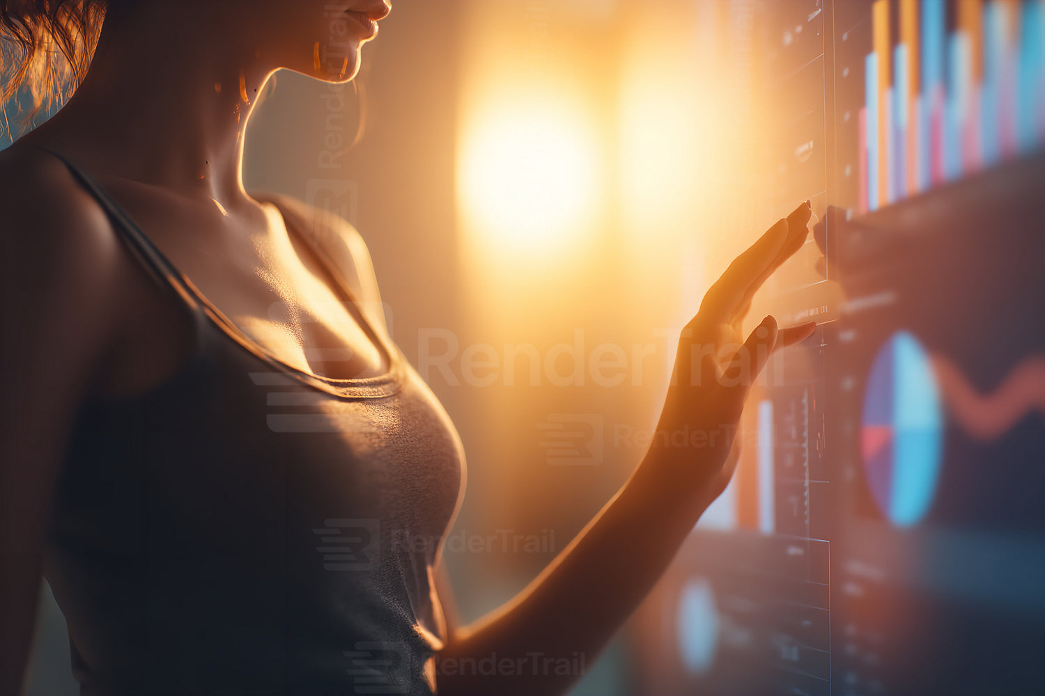 Woman analyzing data on a digital screen during a warm evening in a modern workspace