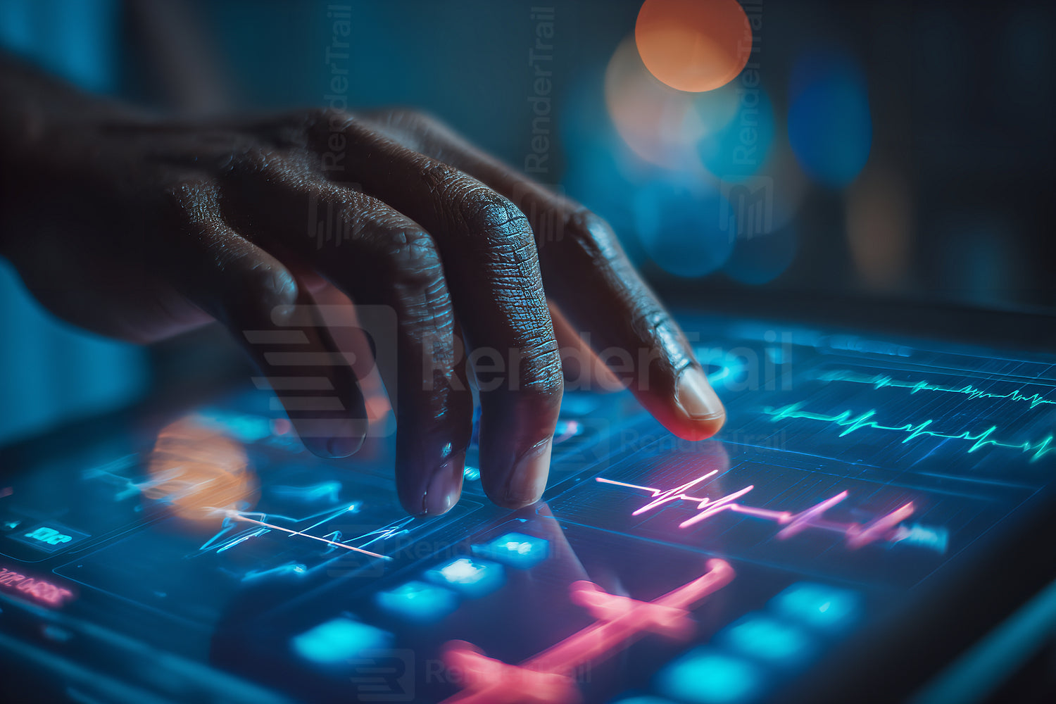 Close-up of hand using a touchscreen to monitor health data during a night shift at a modern medical facility
