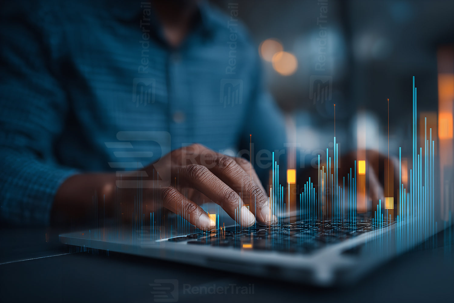 Data analysis in progress with a laptop displaying digital graphs and statistics