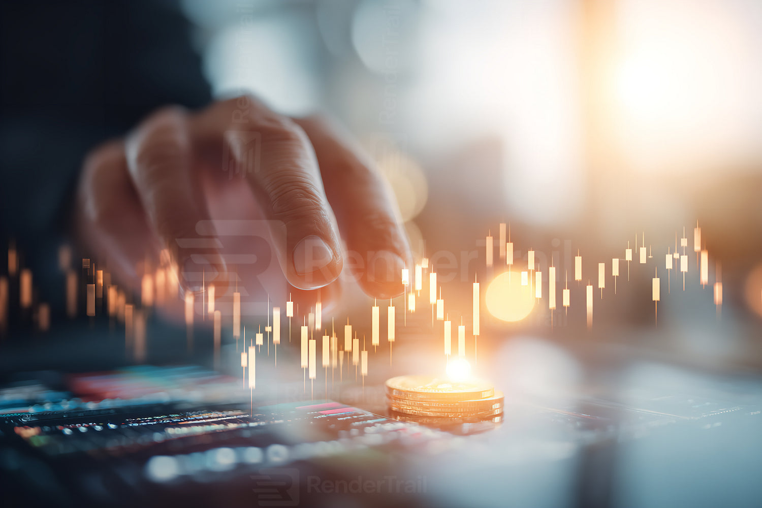 Investing strategy with hand reaching for coins and stock market data in a financial setting at sunset