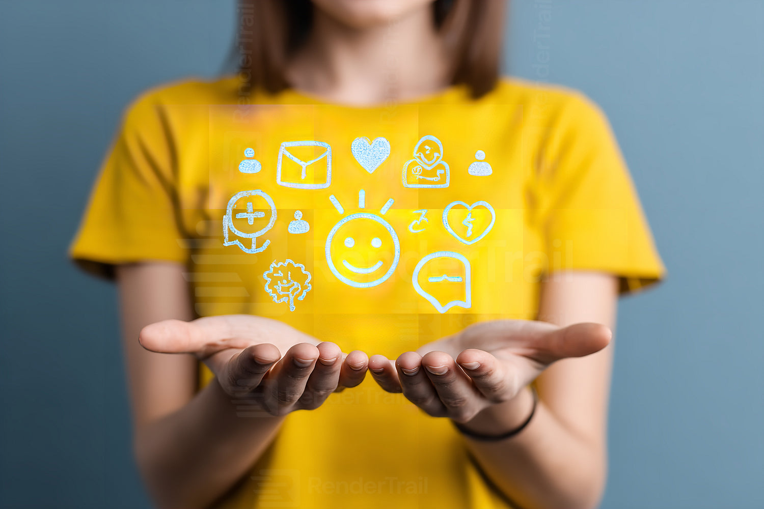 Creative woman presenting digital icons symbolizing communication and connection in her hands