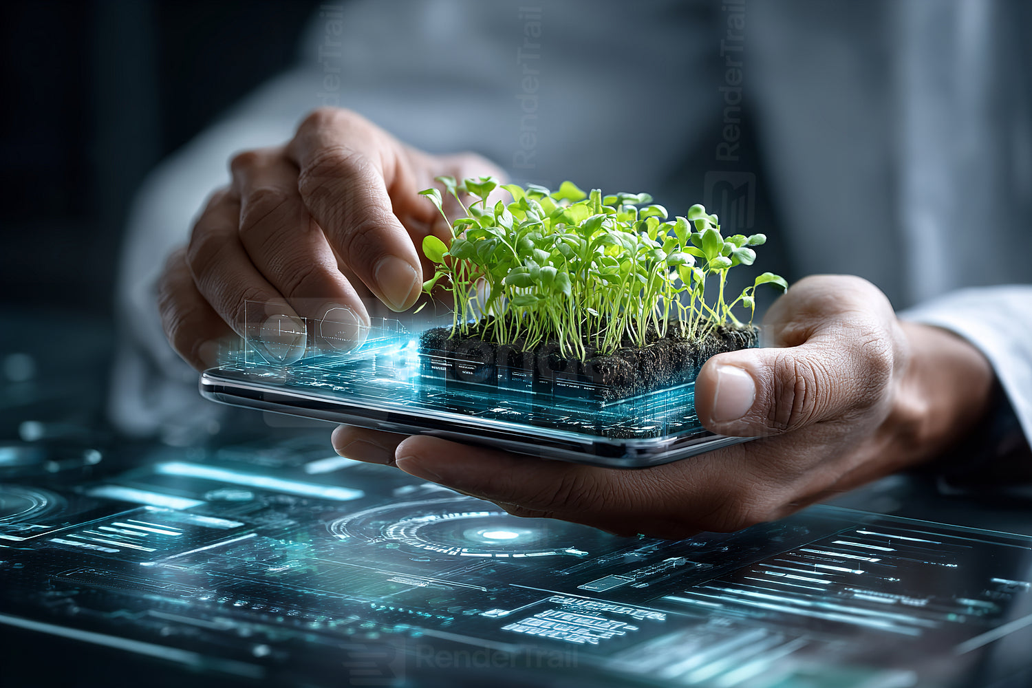 Technology meets nature as a scientist uses a smartphone to nurture small plants in a modern lab setting