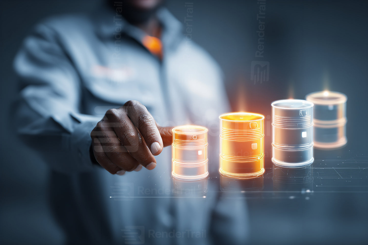 Worker interacts with virtual barrels in a digital environment to illustrate data management and tracking