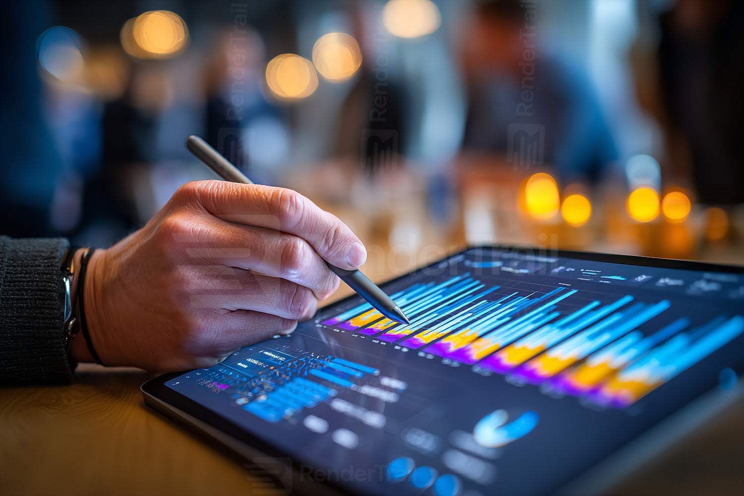 Analyzing data visualizations on a tablet during a business meeting in a modern office setting