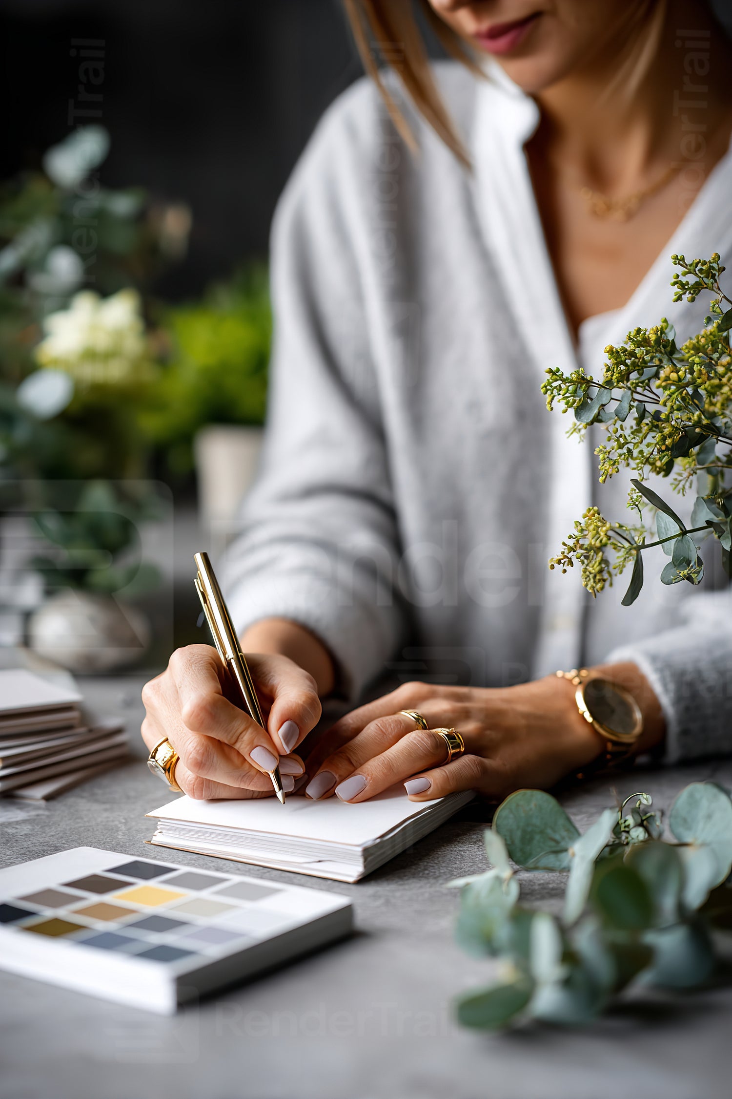 Creative workspace scene featuring a woman writing notes among plants and colors