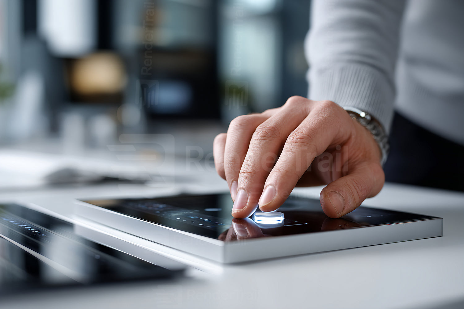 Person using touchscreen device in modern office setting with focus on hand and technology