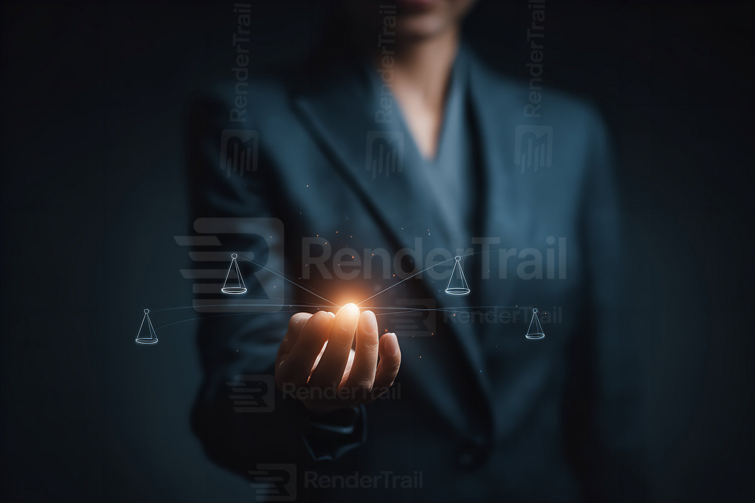 Person holding glowing light and balancing scales in dark setting during a business or legal discussion