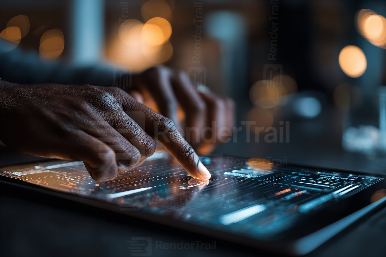 Hands interacting with a touchscreen tablet displaying digital data analysis at night in a modern workspace