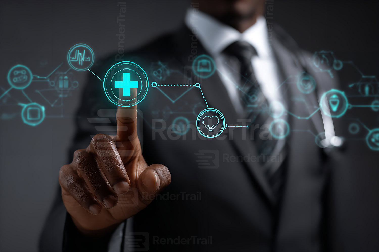 Modern doctor interacting with digital health technology in a dark studio setting at night