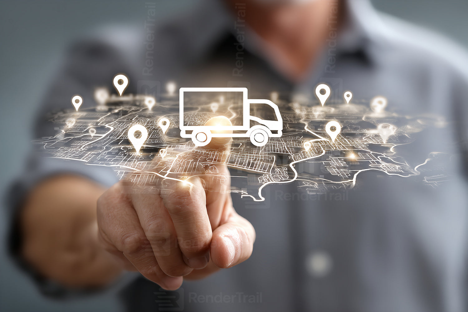 Person interacts with digital logistics map showcasing delivery routes and locations across a city at an office setting