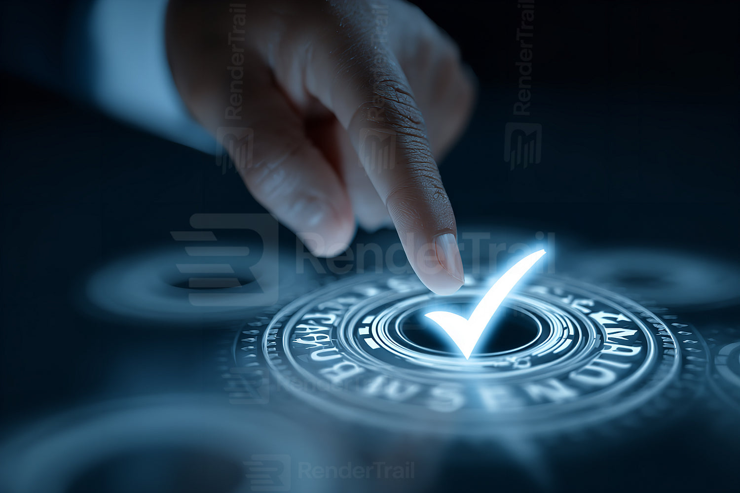 Hand interacts with glowing checkmark on a digital interface representing verification and success
