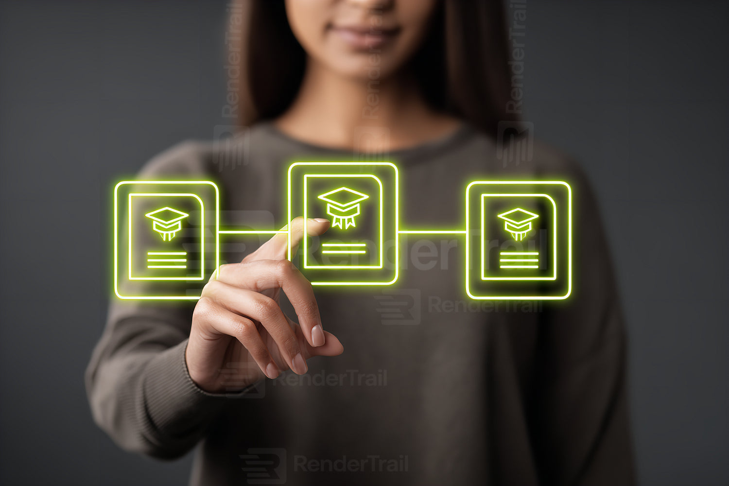 Woman interacting with digital education interface in a modern setting during evening hours