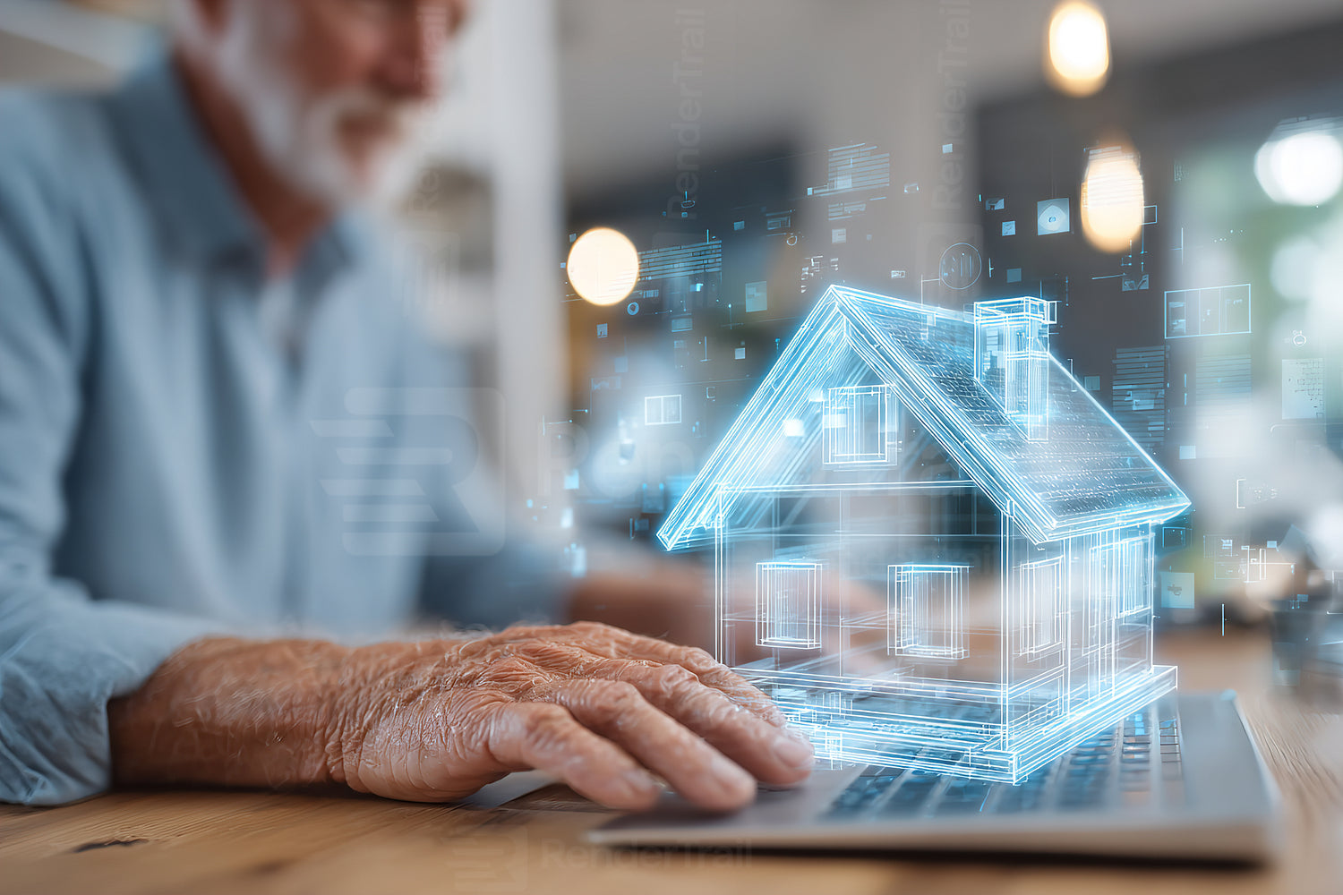 Senior man using laptop to explore virtual home design concepts in modern workspace