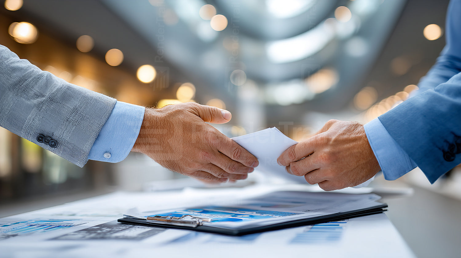 Business professionals exchanging documents during a meeting in a modern office environment