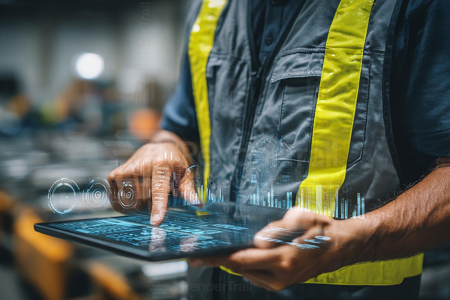 Worker using tablet in warehouse to monitor inventory and data during a busy day of operations