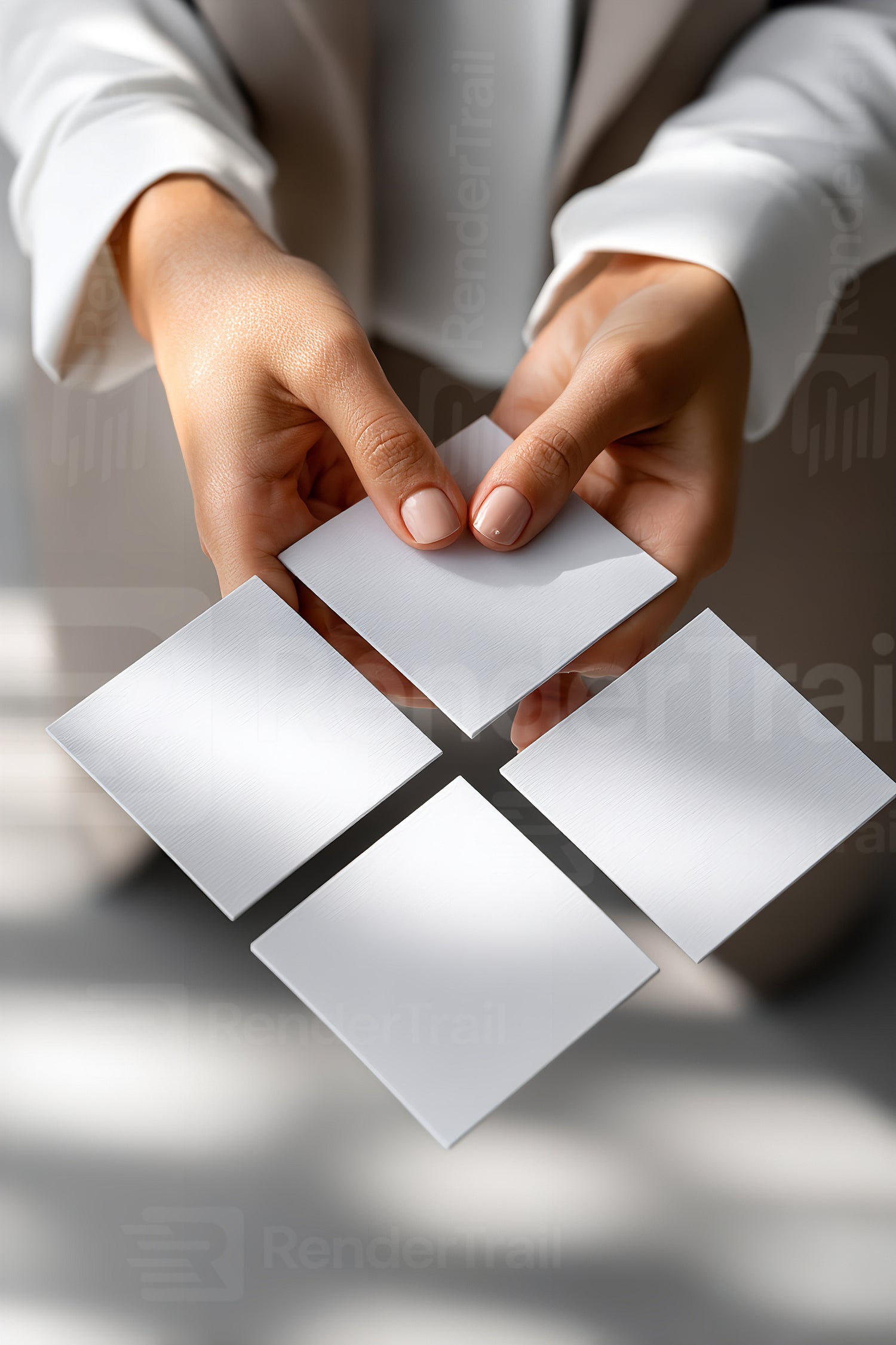 Hands present four blank squares during a business meeting in a modern office setting