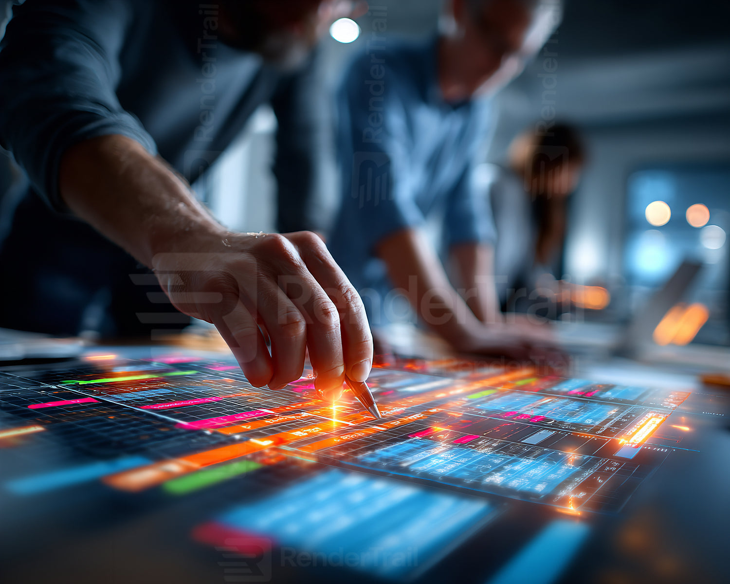 Collaborative data analysis by team members in a modern workspace during evening hours