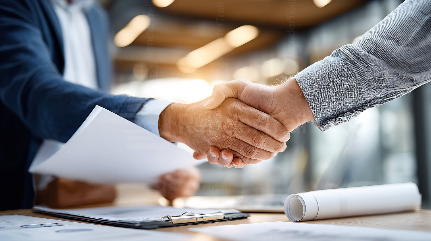 Business professionals shake hands to finalize an agreement in a modern office setting during the afternoon