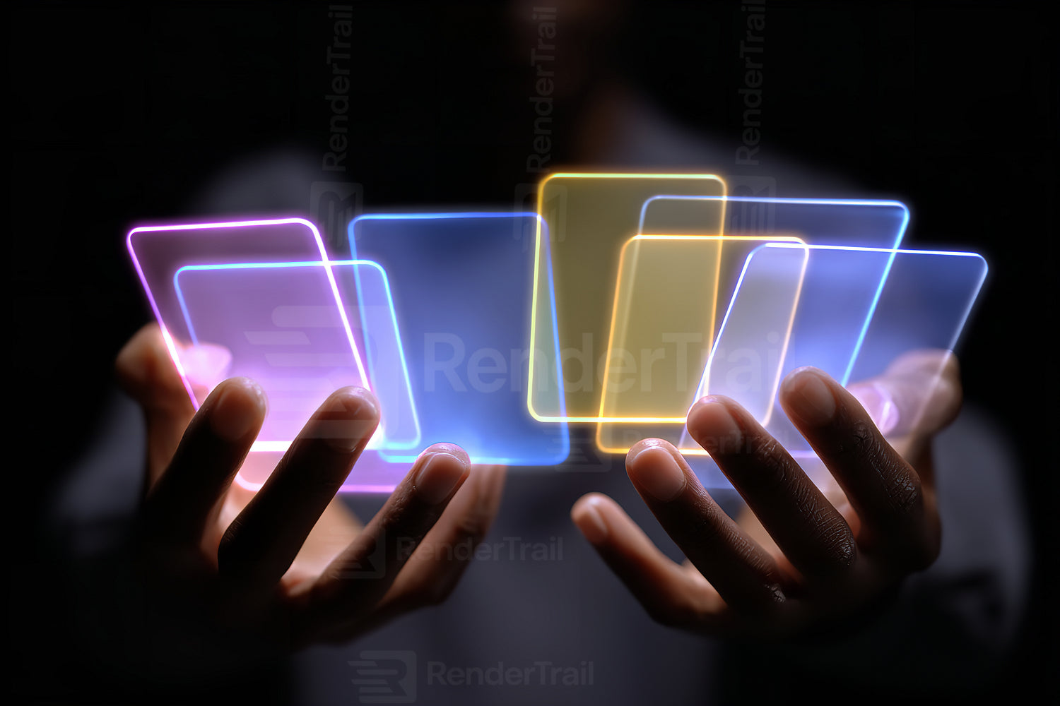 Person holds glowing cards in dark space while surrounded by colorful light effects