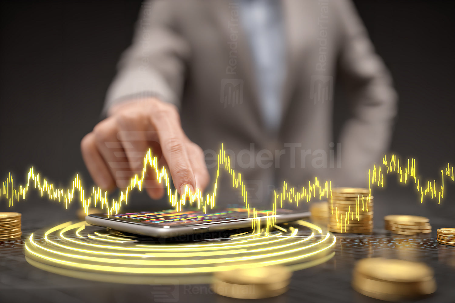 Financial analysis using a calculator to measure investment trends with coins surrounding the device in a business setting