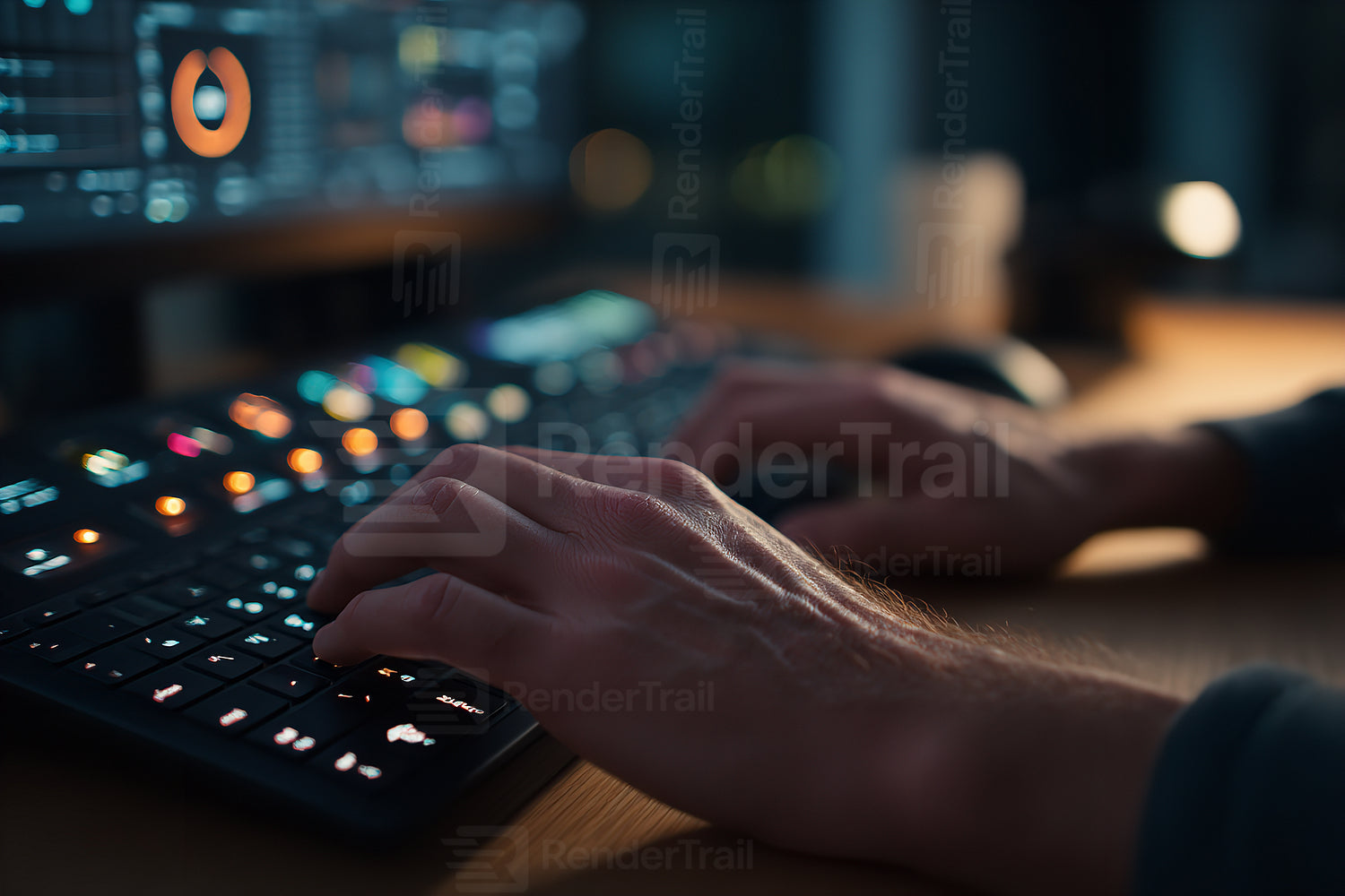 Hands typing on a keyboard in a dimly lit room, working on a digital project late at night