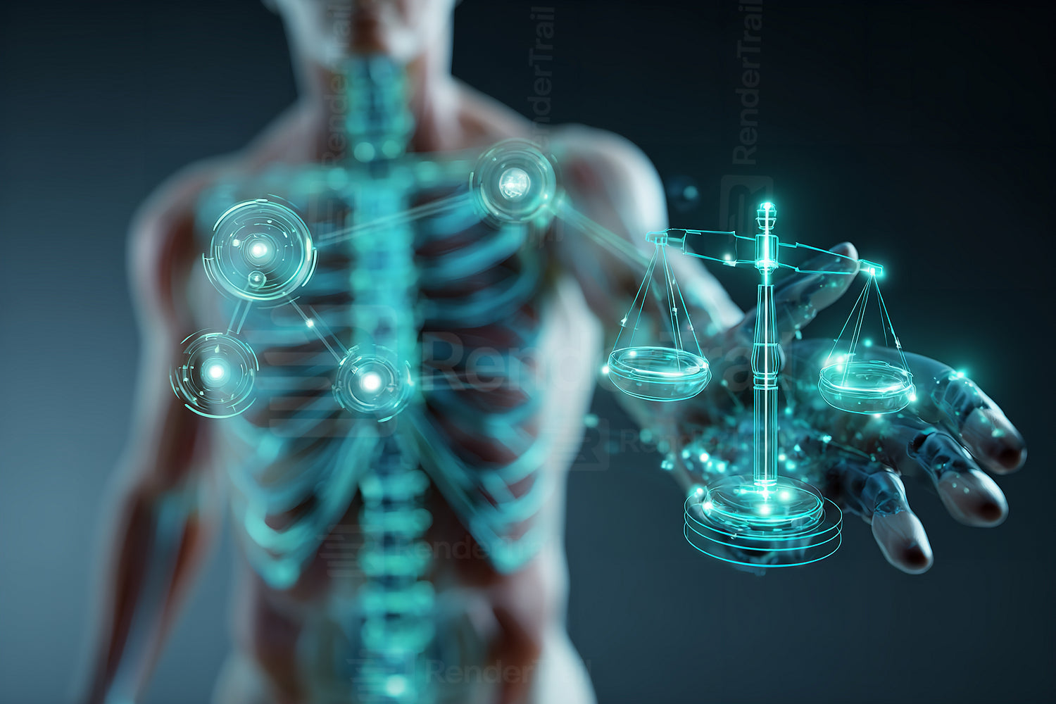 Human anatomy and justice scales blend to represent the intersection of law and ethics in a futuristic setting
