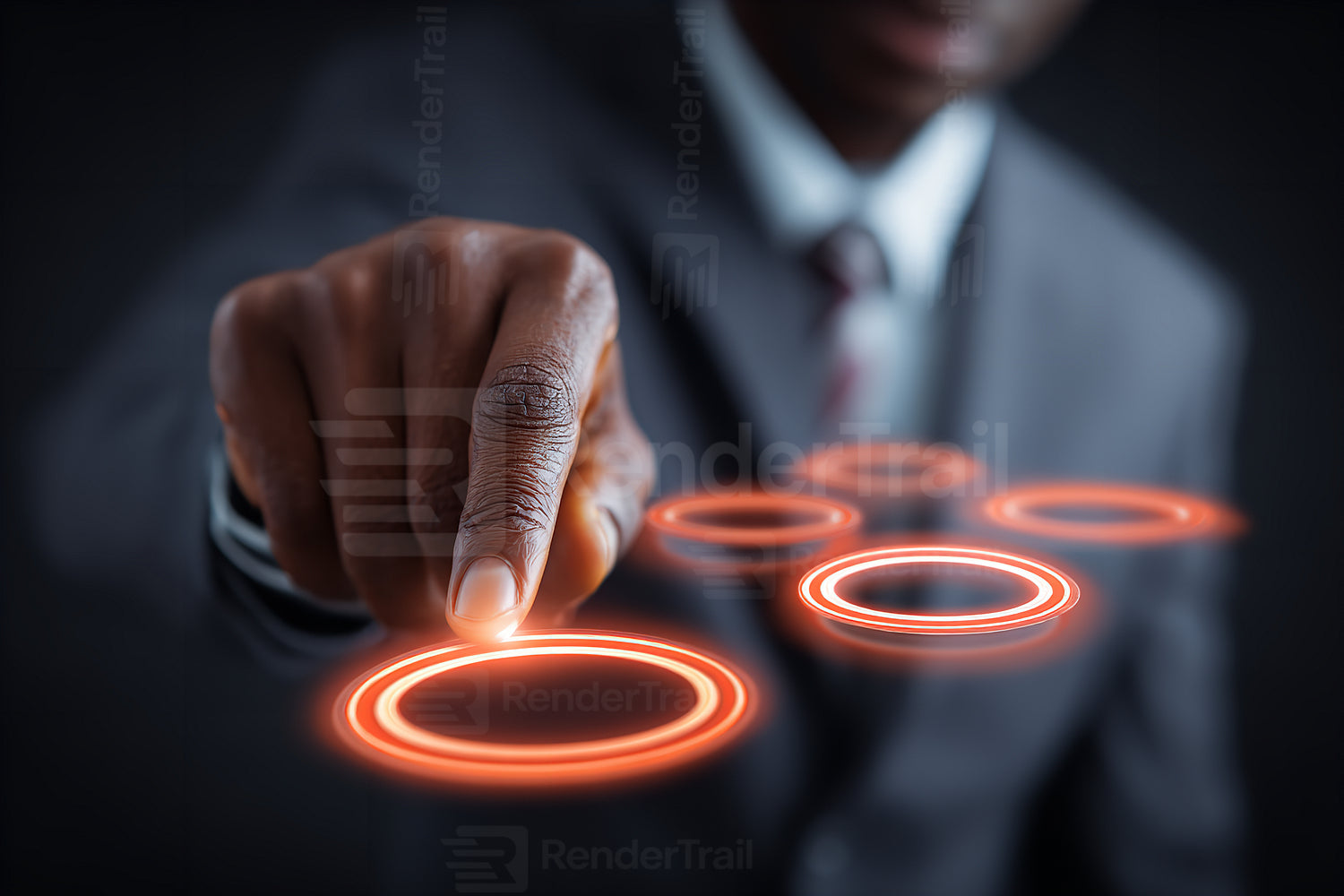 Businessman interacting with digital interface displaying glowing circles for data analysis