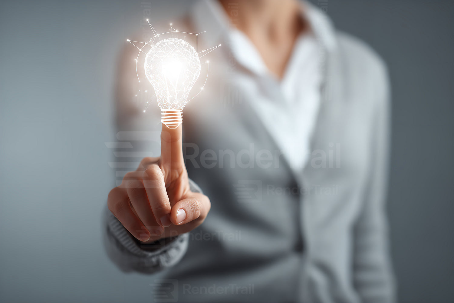 Creative person touching a glowing light bulb symbolizing innovative ideas in a modern workspace