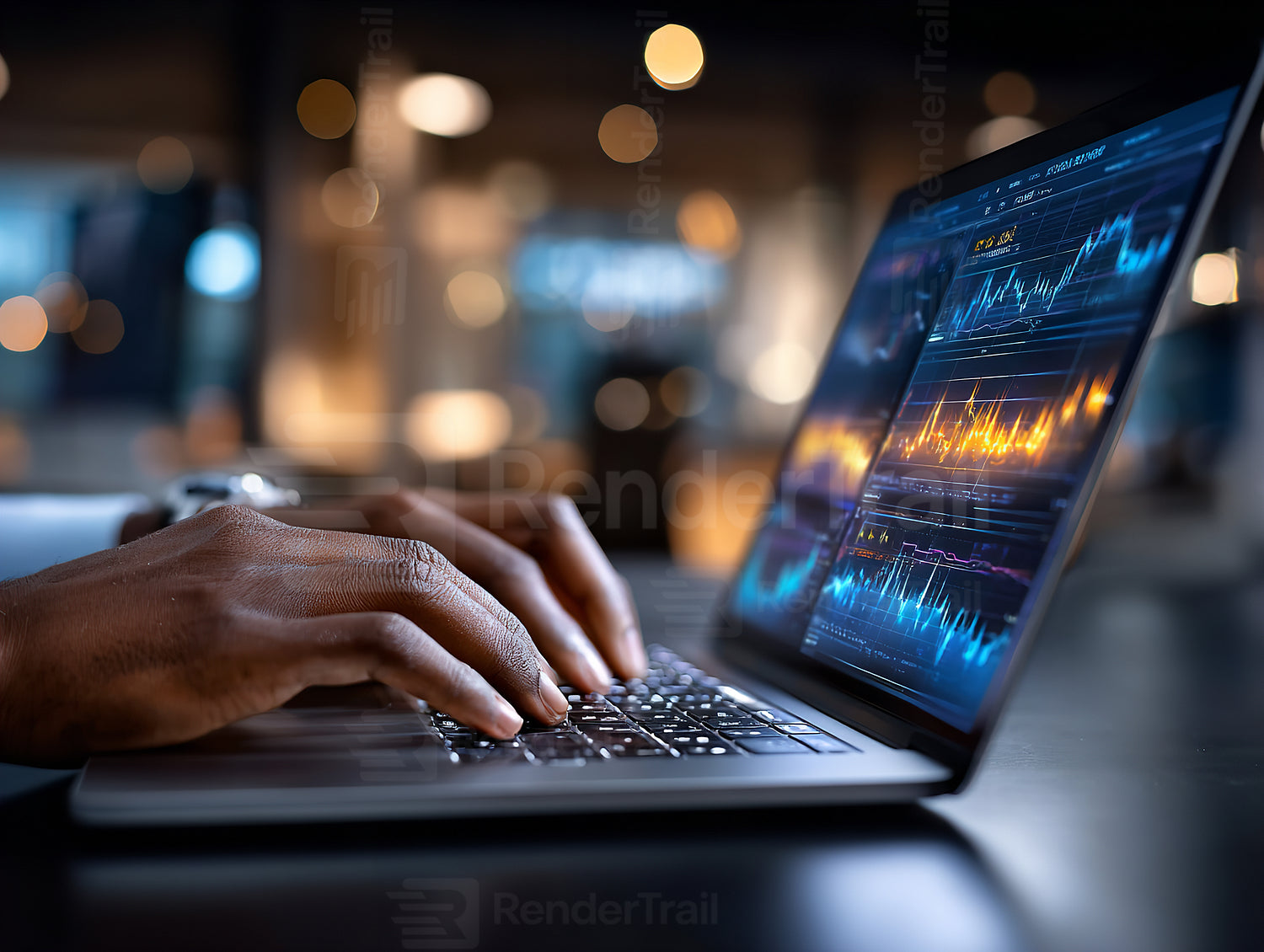 Hands working on a laptop showing data analytics charts in a modern office setting during evening hours