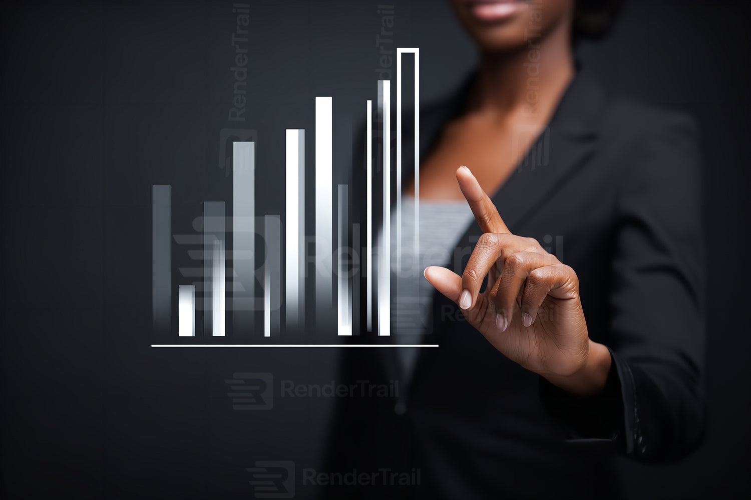 Business professional analyzing data trends using a digital touch interface in a modern office setting