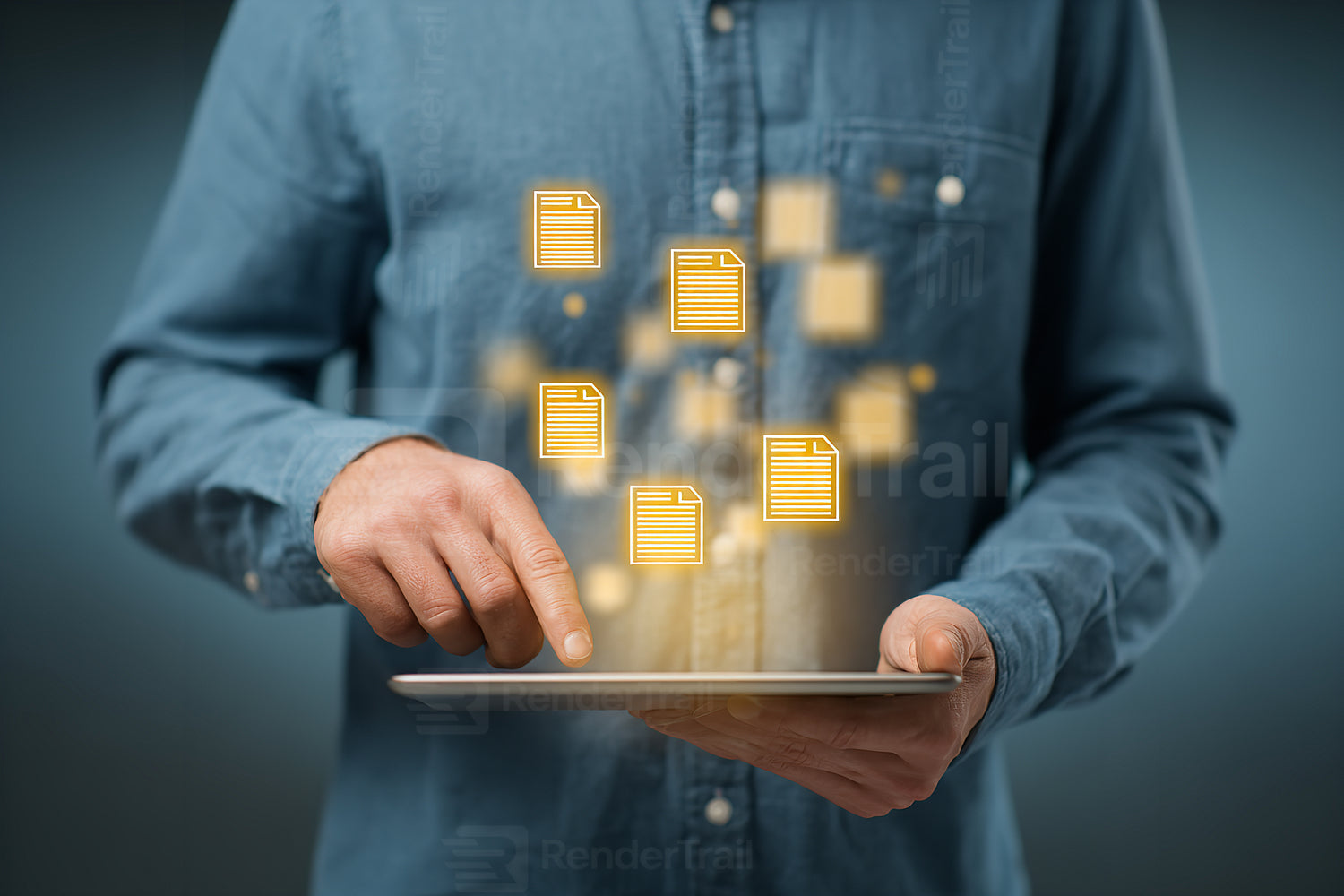 User interacts with tablet as digital documents float above during a creative work session in a modern office space