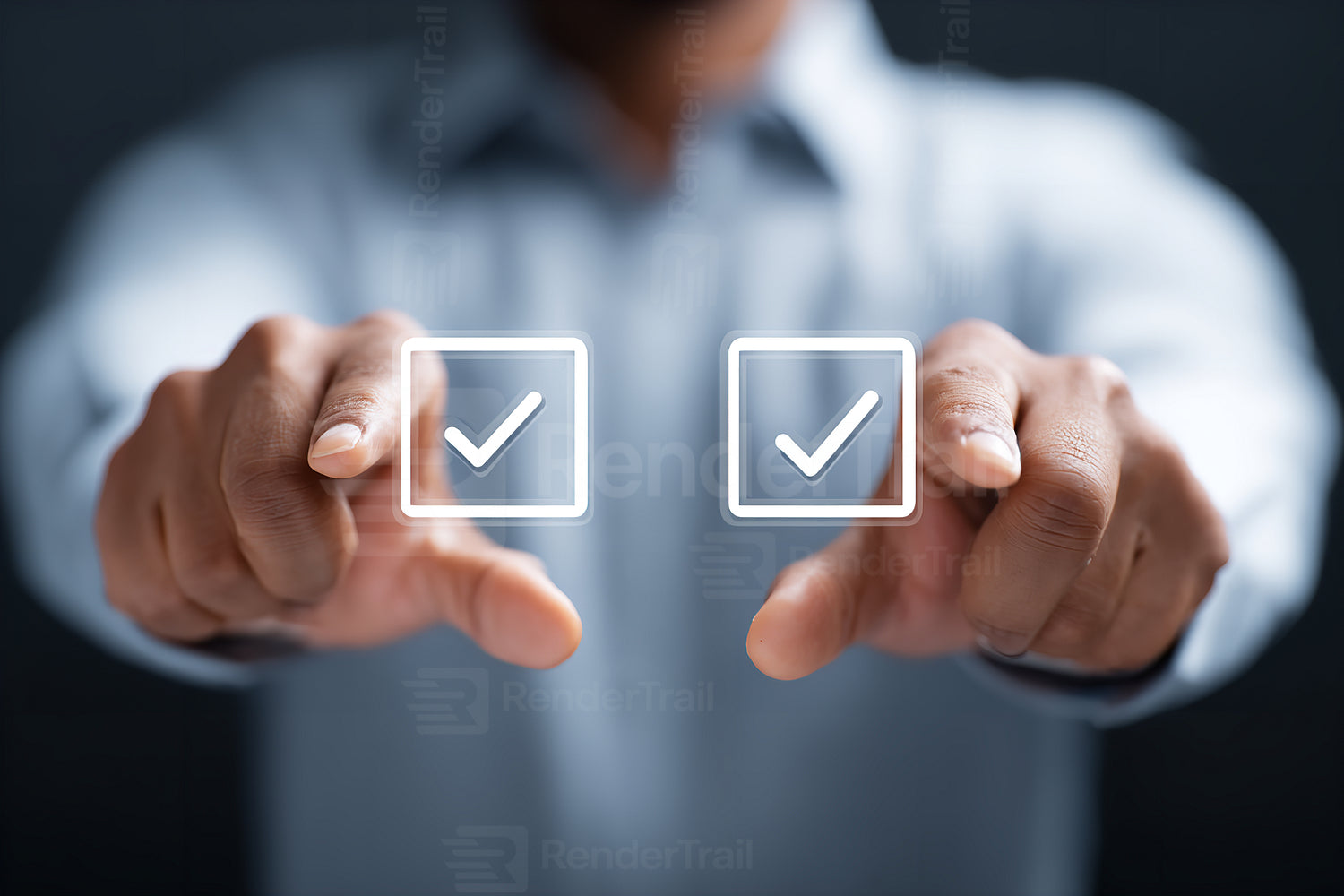 Person interacting with digital checkboxes to confirm tasks in a modern workspace during business hours