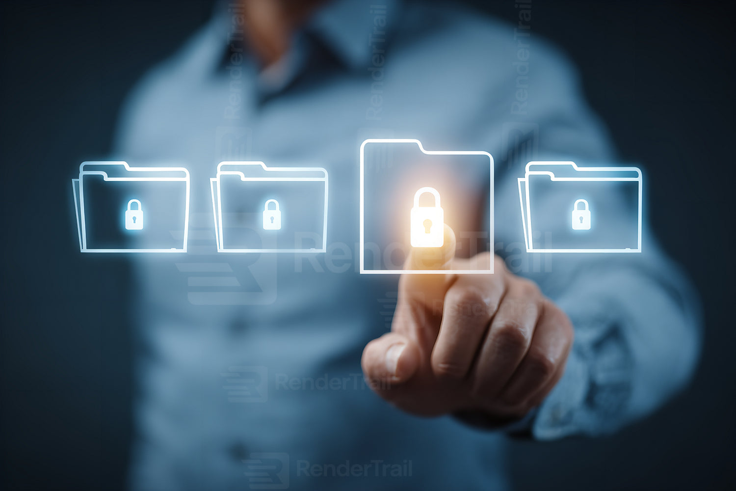 Unlocking secure digital files with a touch on a holographic interface in an office setting