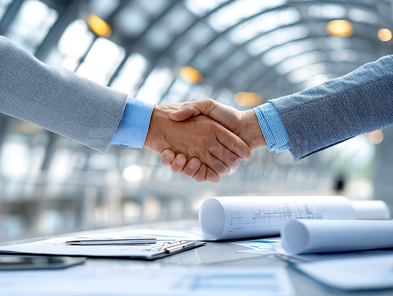 Business partners shake hands in a modern office environment during a successful meeting showcasing cooperation and agreement