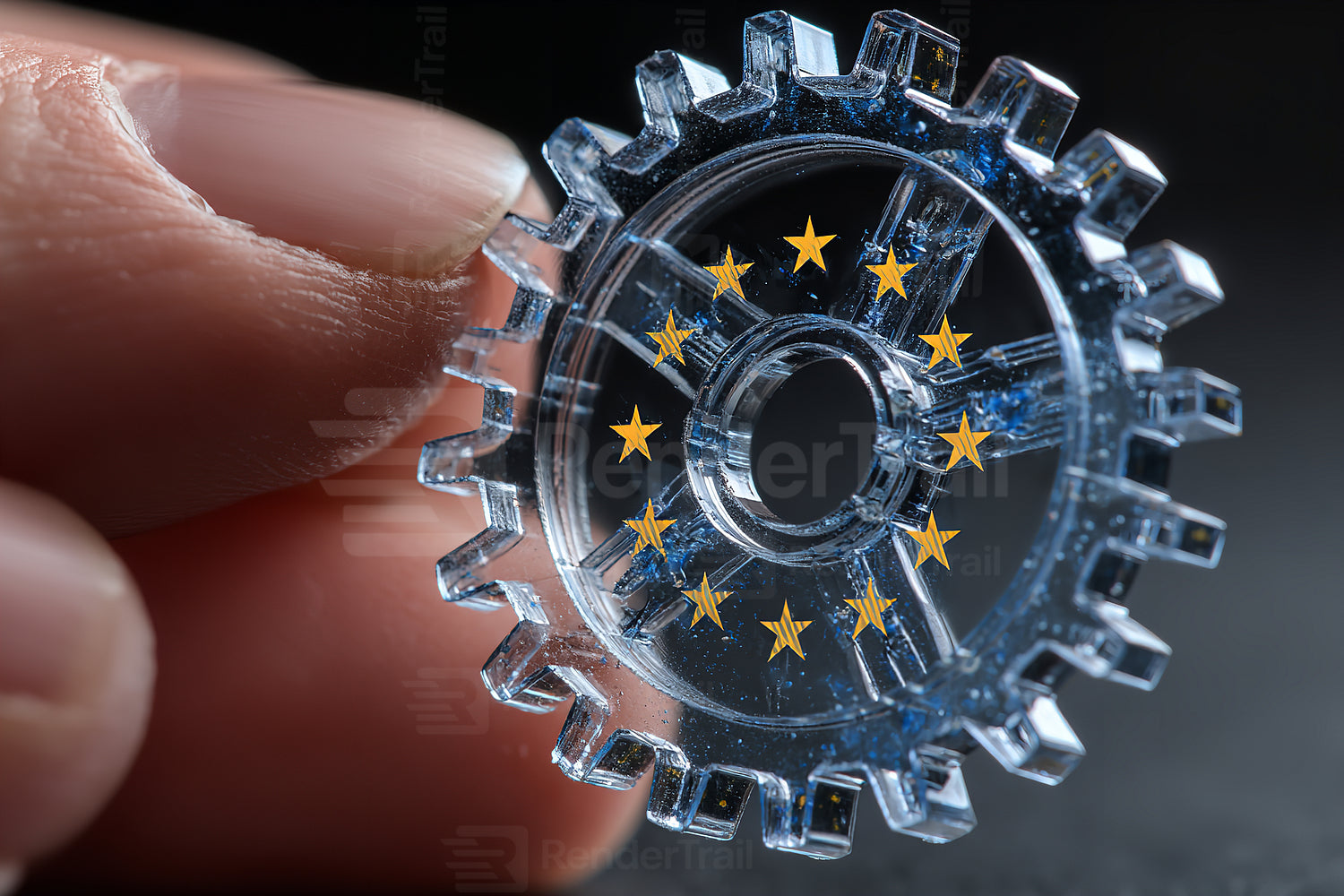 Detailed model of a gear with stars demonstrating European Union symbols in close-up view