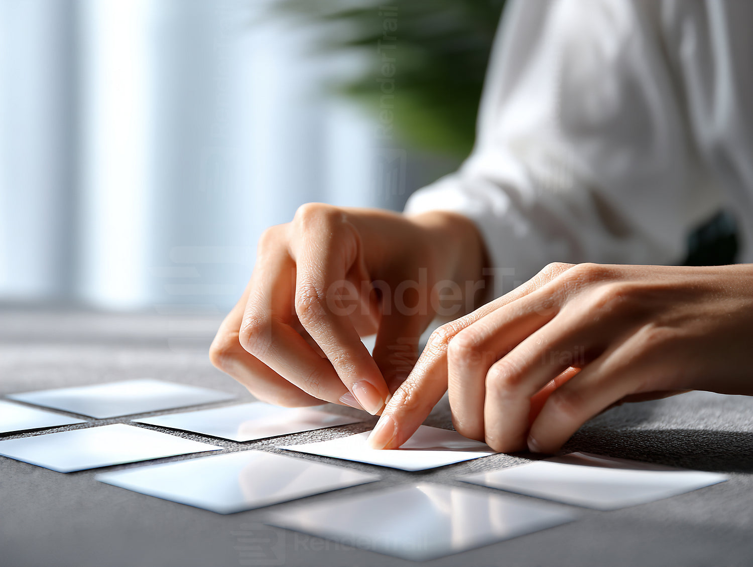 Person arranging clear cards on a table in a bright indoor setting during daytime