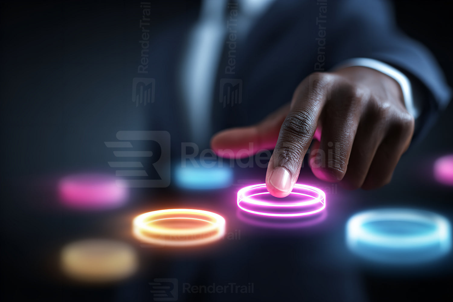 Business professional interacting with glowing technology icons in a dark environment