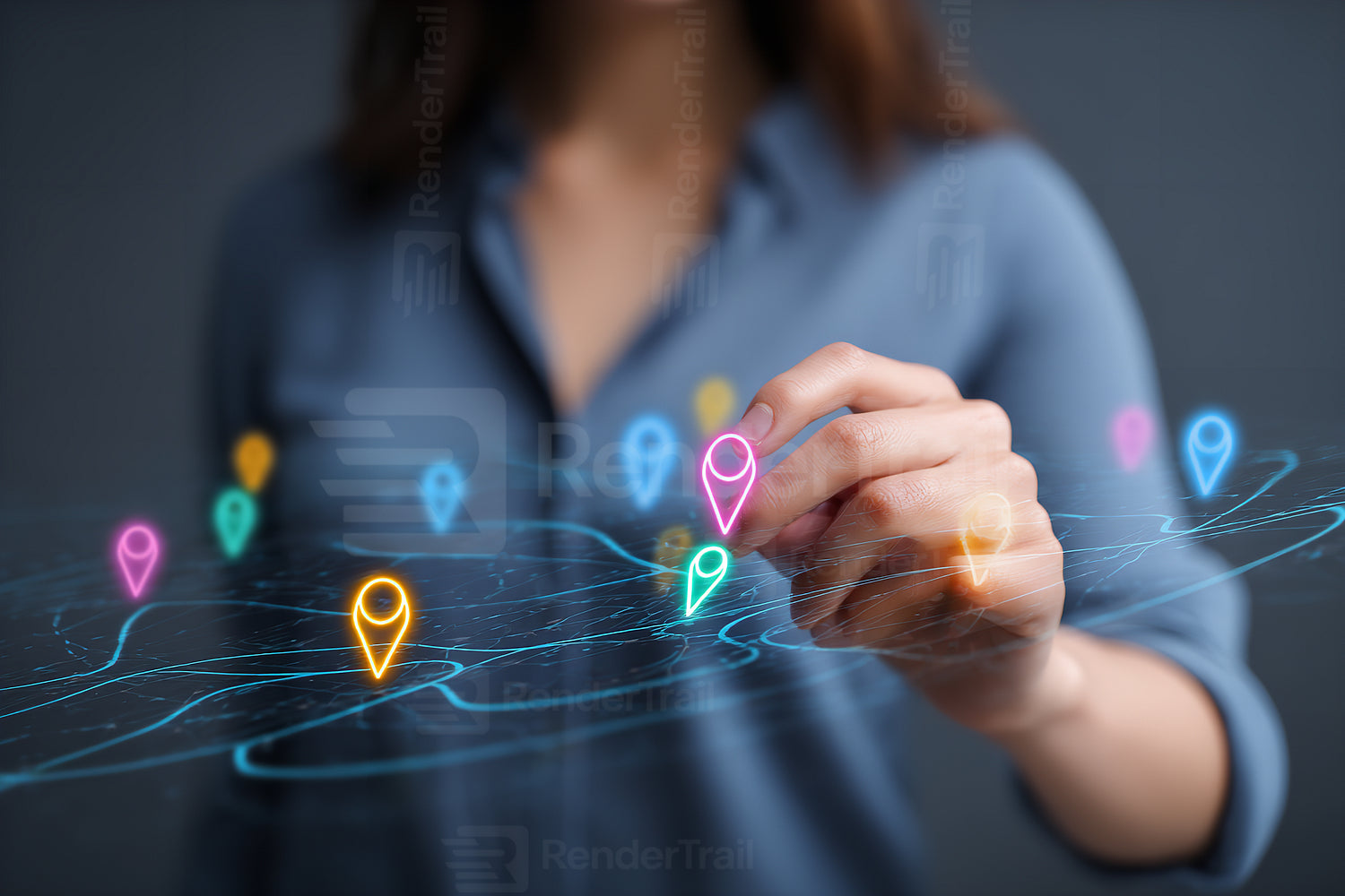 Woman interacts with digital map markers in a modern setting for navigation and planning purposes