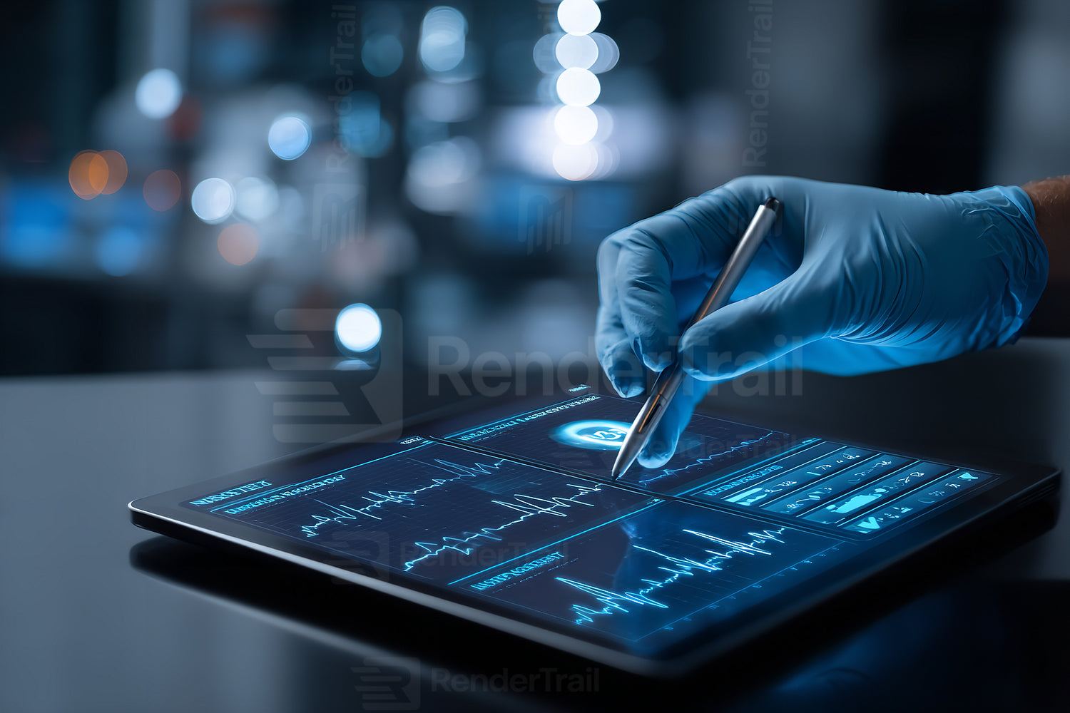Medical professional uses tablet for data analysis in laboratory setting during evening hours