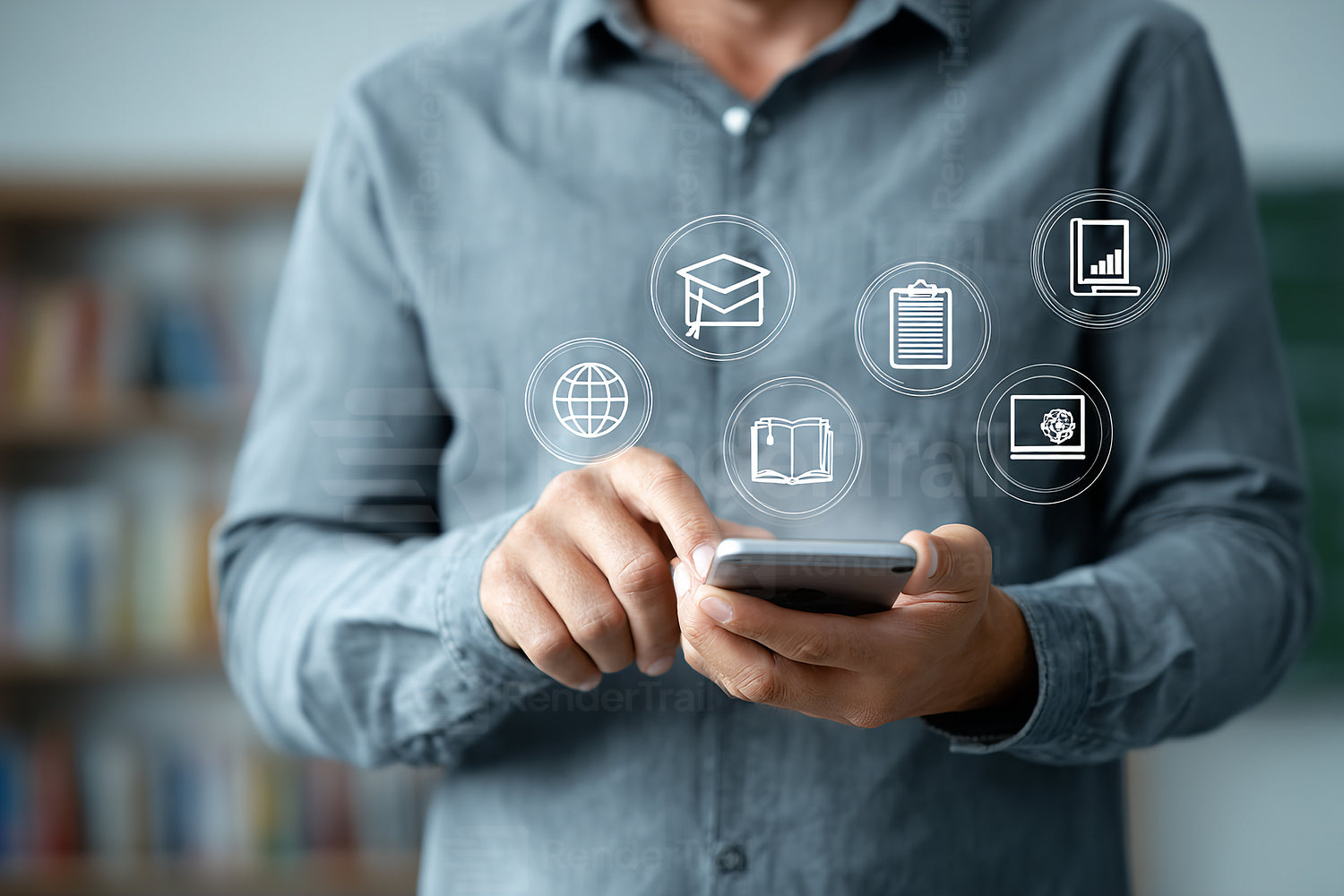 Man using smartphone to access educational resources in modern learning environment