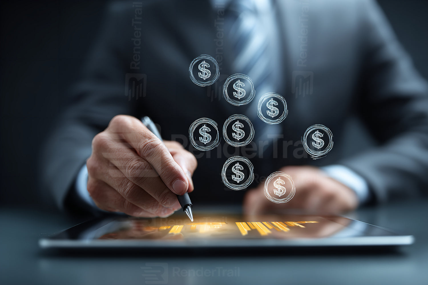 Financial analysis with digital tablet showing currency symbols in a modern office setting