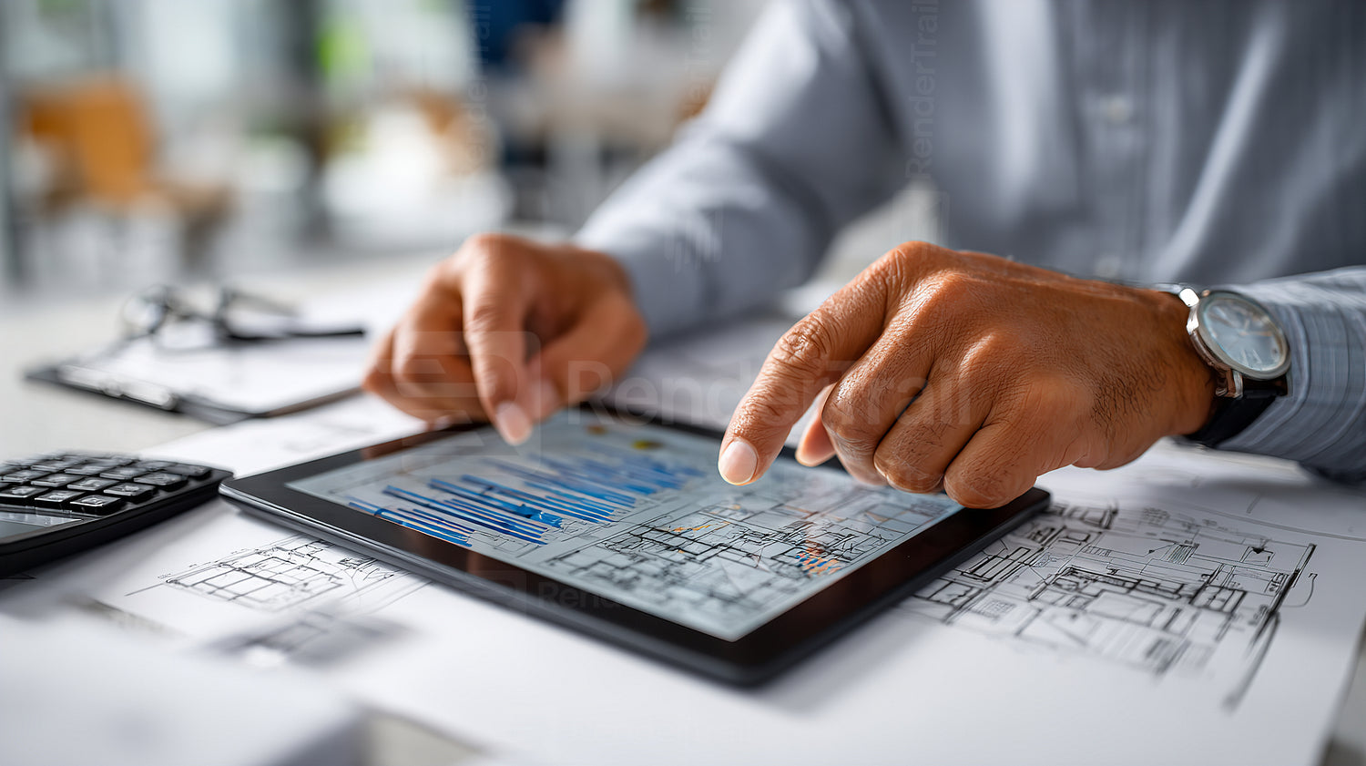 Professional working on project plans using a tablet in a modern office setting during the day