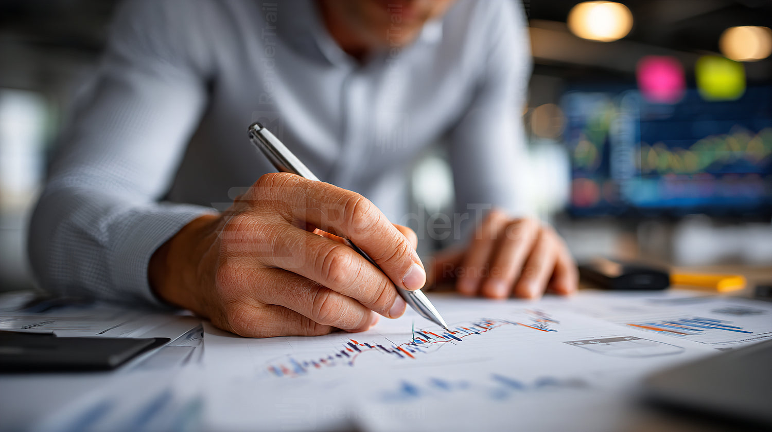 Business professional analyzing financial reports with graphs and charts at modern office in the morning