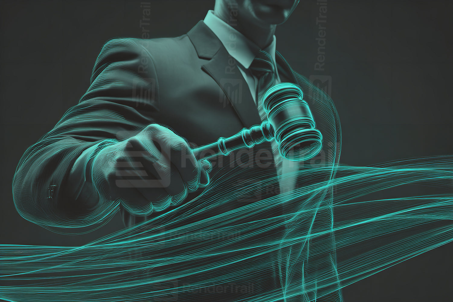 Judge holding gavel in a dark environment with glowing lines illustrating justice