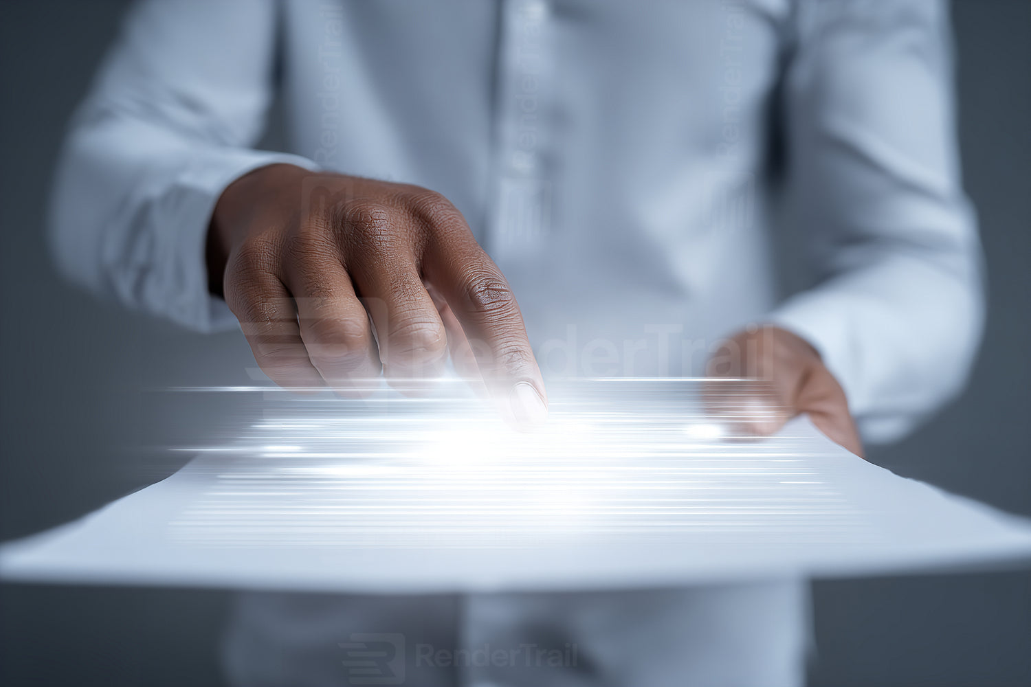 Hands demonstrating interaction with a glowing document in a contemporary setting at night