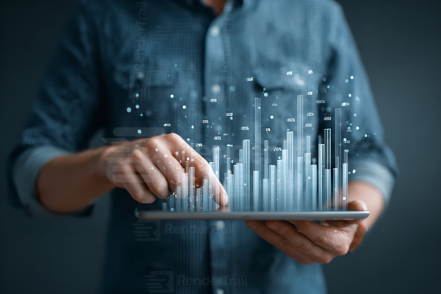 Data visualization with interactive graphs on a tablet in a modern workspace setting